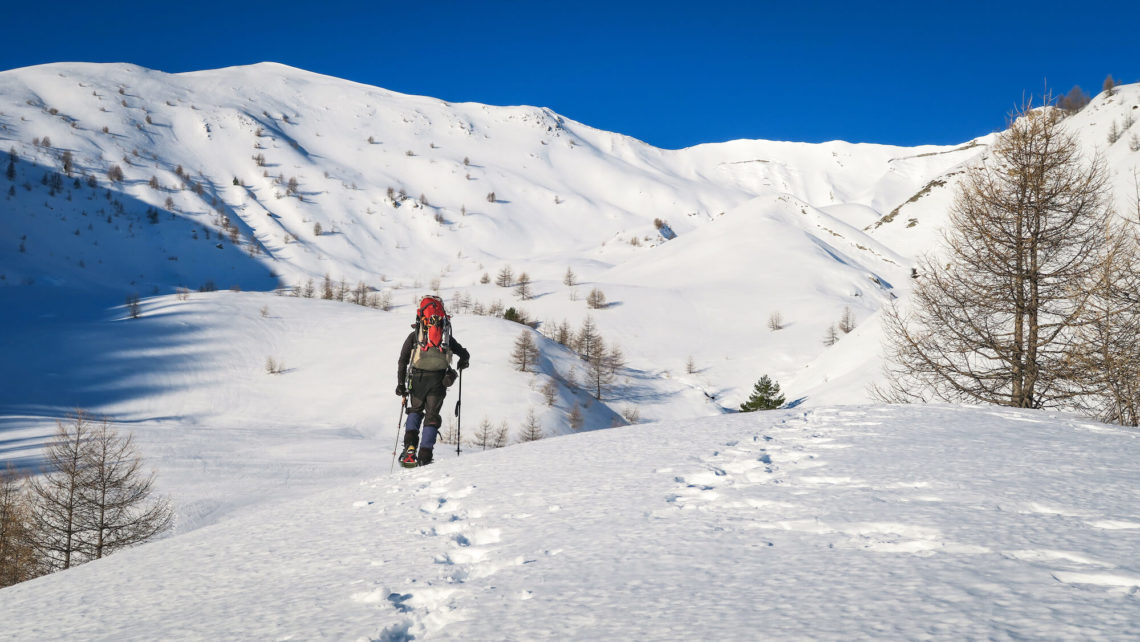 Homme avec sac à dos et raquettes dans paysage de montagne et neige
