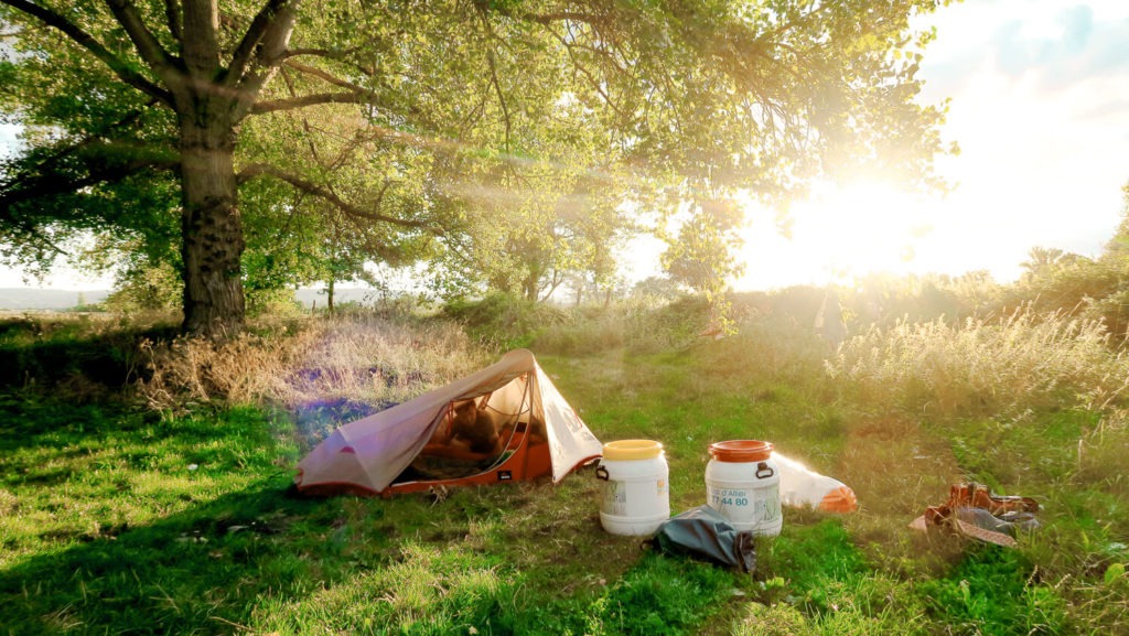 Une tente est posée sur l'herbe, avec les bidons étanches, devant un arbre avec un beau rayon de soleil