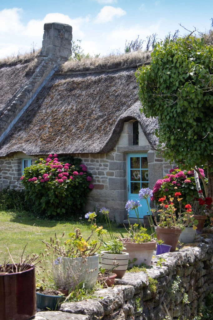 Maison traditionnelle bretonne avec toit de chaume et porte bleue, fleurs en pots