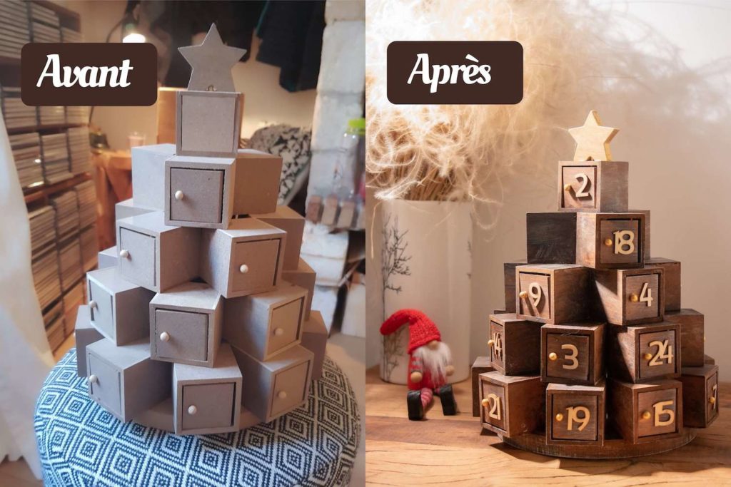 Avant Après photo du calendrier de l'avent DIY en bois